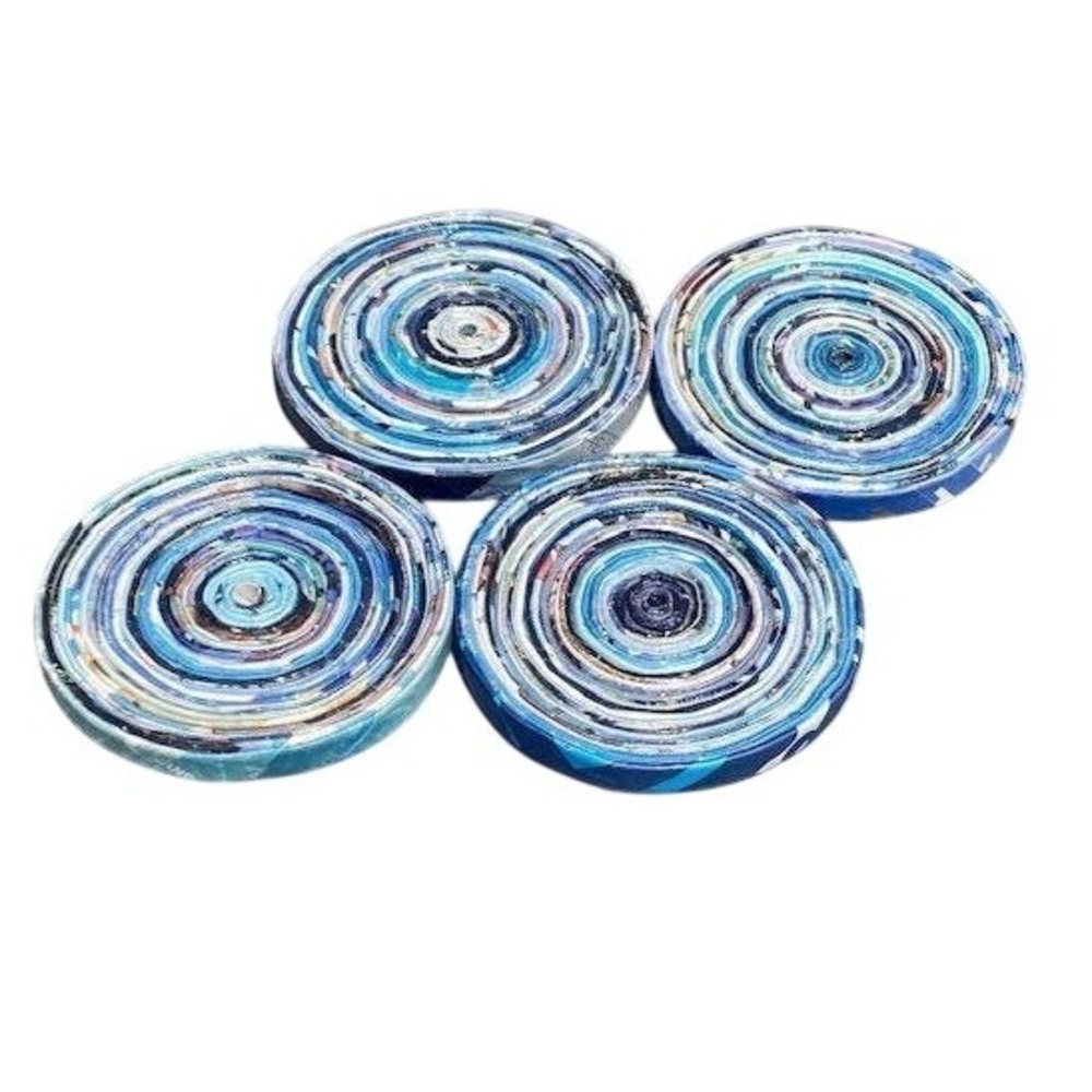 Recycled Magazine 4" Round Coasters Blue Set of 4 Handmade New Eco Friendly Gift